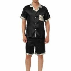 Allegra K Men's Satin Pajamas Set Short Sleeve Contrast Color Button Down Nightwear Sleep Sets Pjs