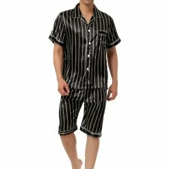 Allegra K Men's Stripe Pajamas Set Summer Short Sleeve Button Down Satin Sleepwear
