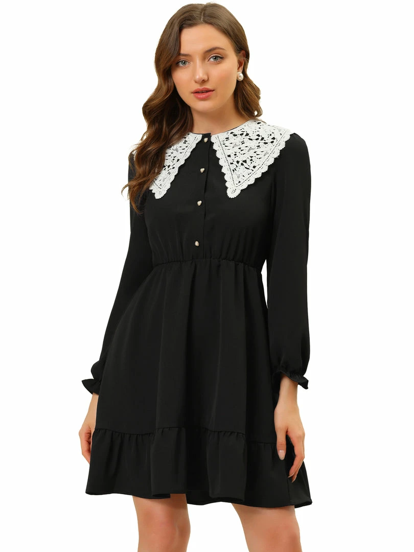 Allegra K Women's Vintage Ruffle Hem Dresses A-Line Lace Panel Peter Pan Collar Dress 3 Allegra K Women's Vintage Ruffle Hem Dresses A-Line Lace Panel Peter Pan Collar Dress