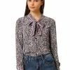 Allegra K Women's Tie Neck Contrast Trim Long Sleeves Chiffon Floral Print Blouse