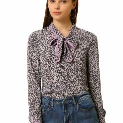 Allegra K Women's Tie Neck Contrast Trim Long Sleeves Chiffon Floral Print Blouse