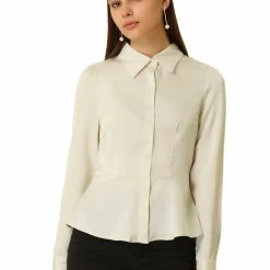 Allegra K Women's Satin Peplum Work Shirt Turn Down Collar Career Button Up Tops