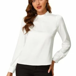 Allegra K Women's Satin Blouse Puff Sleeve Stand Collar Work Top