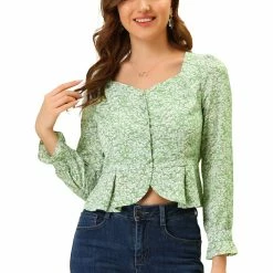 Allegra K Women's Casual Ditsy Floral Ruffle Long Sleeve Peplum Top