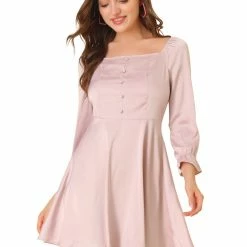 Allegra K Women's Ruffle Puff Sleeve Button Decor Fit And Flare Square Neck Dress