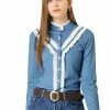 Allegra K Women's Contrast Collar Button Down Shirt Long Sleeve Ruffle Trim Neck Blouse 1 Allegra K Women's Contrast Collar Button Down Shirt Long Sleeve Ruffle Trim Neck Blouse