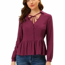 Allegra K Women's Peplum Elegant Button Self-Tie Neck V Neck Ruffle Tops