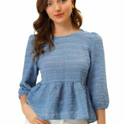 Allegra K Women's Chiffon Blouse Mesh Gathering Bubble Sleeve Peplum Shirts