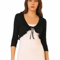 Allegra K Women's Tie Front Shrug Ruffle Neck 3/4 Sleeve Crop Cardigan