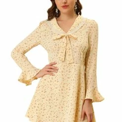 Allegra K Women's Floral Print Tie Doll Collar Ruffle Flare A-Line Dresses