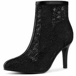 Allegra K Women's Lace Mesh Floral Embroidered Stiletto Heels Ankle Boots