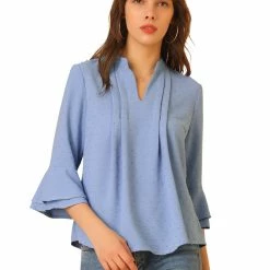 Allegra K Women's Ruffle 3/4 Bell Sleeve Top V-Neck Casual Swiss Dots Blouse