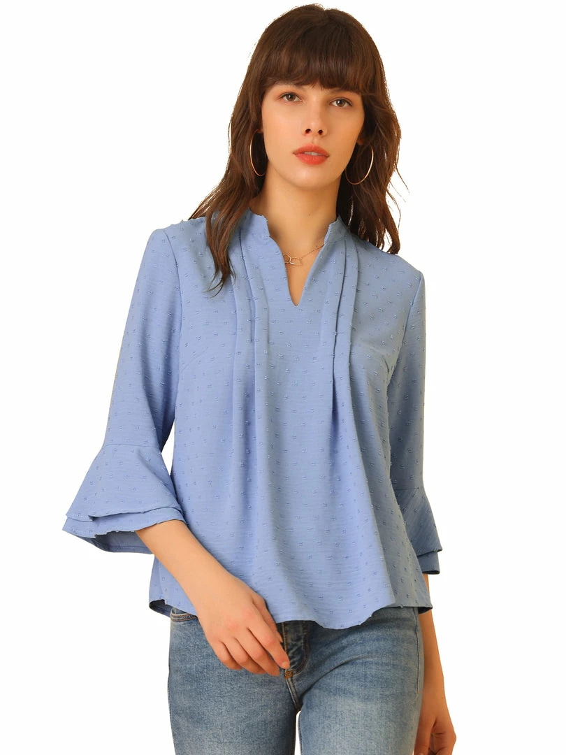 Allegra K Women's Ruffle 3/4 Bell Sleeve Top V-Neck Casual Swiss Dots Blouse 3 Allegra K Women's Ruffle 3/4 Bell Sleeve Top V-Neck Casual Swiss Dots Blouse