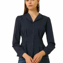 Allegra K Women's Cotton Camp Collar Button Down Cinched Waist Peplum Shirt