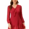 Allegra K Women’s Ruffle Hem Bow Tie V Neck Long Sleeve Swiss Dots Mini Dress