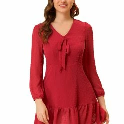 Allegra K Women’s Ruffle Hem Bow Tie V Neck Long Sleeve Swiss Dots Mini Dress