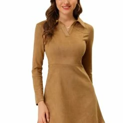 Allegra K Women's Faux Suede Lapel Neck Long Sleeve A-Line Dress