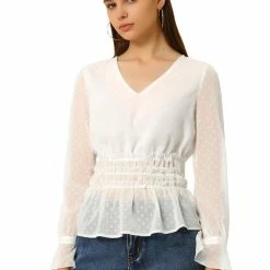 Allegra K Women's V Neck Peplum Top Swiss Dots Sheer Ruffle Smocked Blouse