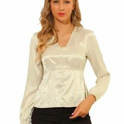 Allegra K Women's Floral Print V-neck Long Sleeves Peplum Button Decor Blouse