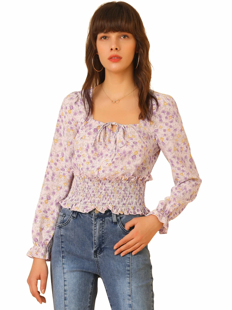 Allegra K Women's Smocked Tie Neck Tops Elegant Chiffon Floral Blouse 3 Allegra K Women's Smocked Tie Neck Tops Elegant Chiffon Floral Blouse