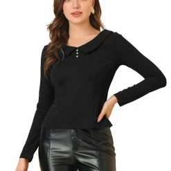 Allegra K Women's Button Decor Flat Collar Long Sleeve Blouse