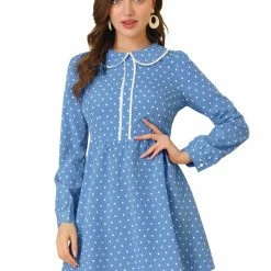 Allegra K Women's Heart Print Long Sleeve A-Line Lace Trim Peter Pan Collar Mini Dress