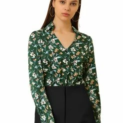 Allegra K Women's Floral V Neck Button Decor Collared Smooth Retro Blouse Shirt