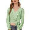 Allegra K Women's Floral Print Bow Tie Chiffon V Neck Ruffle Hem Crop Tops Blouse