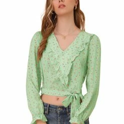 Allegra K Women's Floral Print Bow Tie Chiffon V Neck Ruffle Hem Crop Tops Blouse