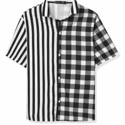 Allegra K Men's Contrast Color Short Sleeve Button Down Printed Striped Plaid Shirt