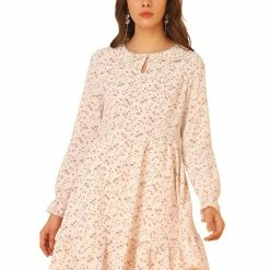 Allegra K Women's Ditsy Floral Peter Pan Collar Keyhole Long Sleeve Ruffle Chiffon Dress