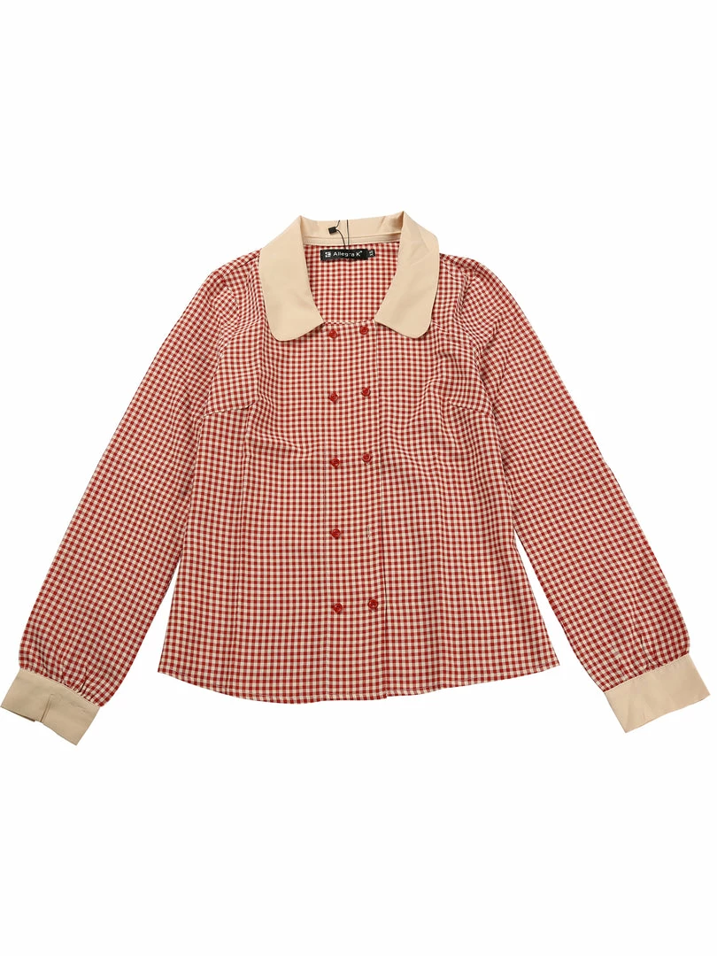 Allegra K Women's Contrast Peter Pan Collar Blouse Gingham Long Sleeve Button Front Shirt 3 Allegra K Women's Contrast Peter Pan Collar Blouse Gingham Long Sleeve Button Front Shirt