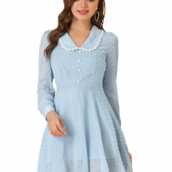 Allegra K Women's Peter Pan Collar Crochet Trim Long Sleeve Swiss Dots Retro Mini Dress