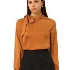 Allegra K Women's Elegant Satin Shirt Bow Tie Office Work Blouses Tops
