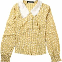 Allegra K Women's Contrast Peter Pan Collar Button Front Plaid Daisy Print Blouse Top