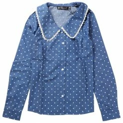 Allegra K Women's Peter Pan Crochet Trim Collar Button Up Long Sleeve Polka Dots Blouse Shirt