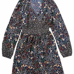 Allegra K Women's Floral V Neck Long Sleeve Contrast Panel Chiffon Dress