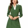Allegra K Women's Contrast Cuff Polka Dots A Line Long Sleeve Dress