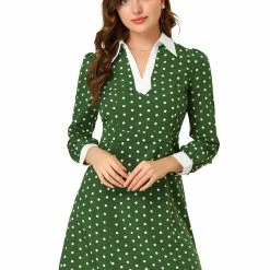 Allegra K Women's Contrast Cuff Polka Dots A Line Long Sleeve Dress