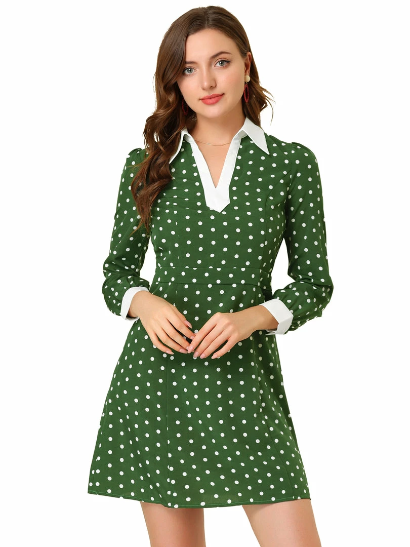 Allegra K Women's Contrast Cuff Polka Dots A Line Long Sleeve Dress 3 Allegra K Women's Contrast Cuff Polka Dots A Line Long Sleeve Dress