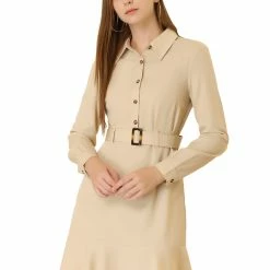 Allegra K Women's Belted Ruffle Hem Point Collar Button Down Shirt Dress