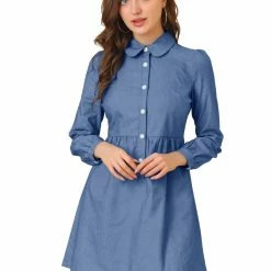 Allegra K Women's Denim Peter Pan Collar Long Sleeves Button Front Shirt Dress