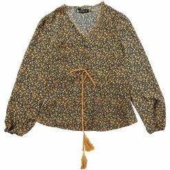 Allegra K Women's Floral V-Neck Fringe Self Tie Puff Long Sleeve Boho Peplum Top