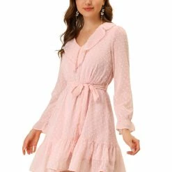 Allegra K Women's Swiss Dots Tie Waist Chiffon Ruffle Dress