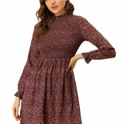 Allegra K Women's Ruffle Neck Long Sleeve A-Line Smocked Floral Dress