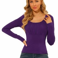 Allegra K Women's Solid Color Blouse Ruched Front Scoop Neck Long Sleeve Basic Tops