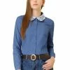 Allegra K Women's Denim Shirt Button Down Chambray Contrast Peter Pan Collar Top