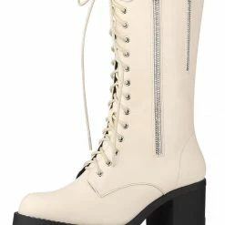 Allegra K Shoes Women's Lace Up Platform Chunky Heel Mid Calf Boots
