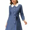 Allegra K Women's Contrast Peter Pan Collar Belted Button Down Long Sleeve Chambray Shirt Dress