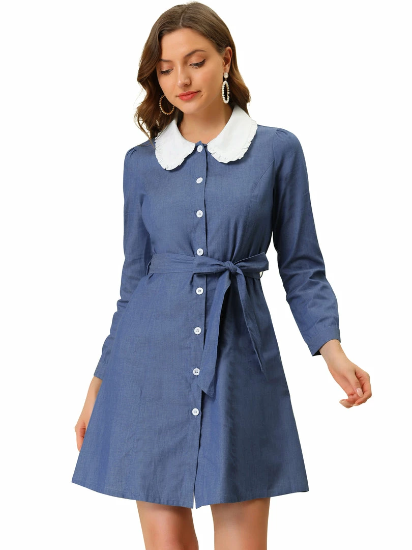 Allegra K Women's Contrast Peter Pan Collar Belted Button Down Long Sleeve Chambray Shirt Dress 3 Allegra K Women's Contrast Peter Pan Collar Belted Button Down Long Sleeve Chambray Shirt Dress